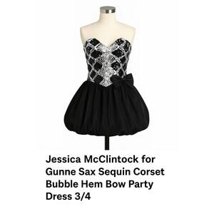 Vintage Jessica McClintock Gunne Sax Sequin Corset Bubble Hem Bow  Dress 3/4